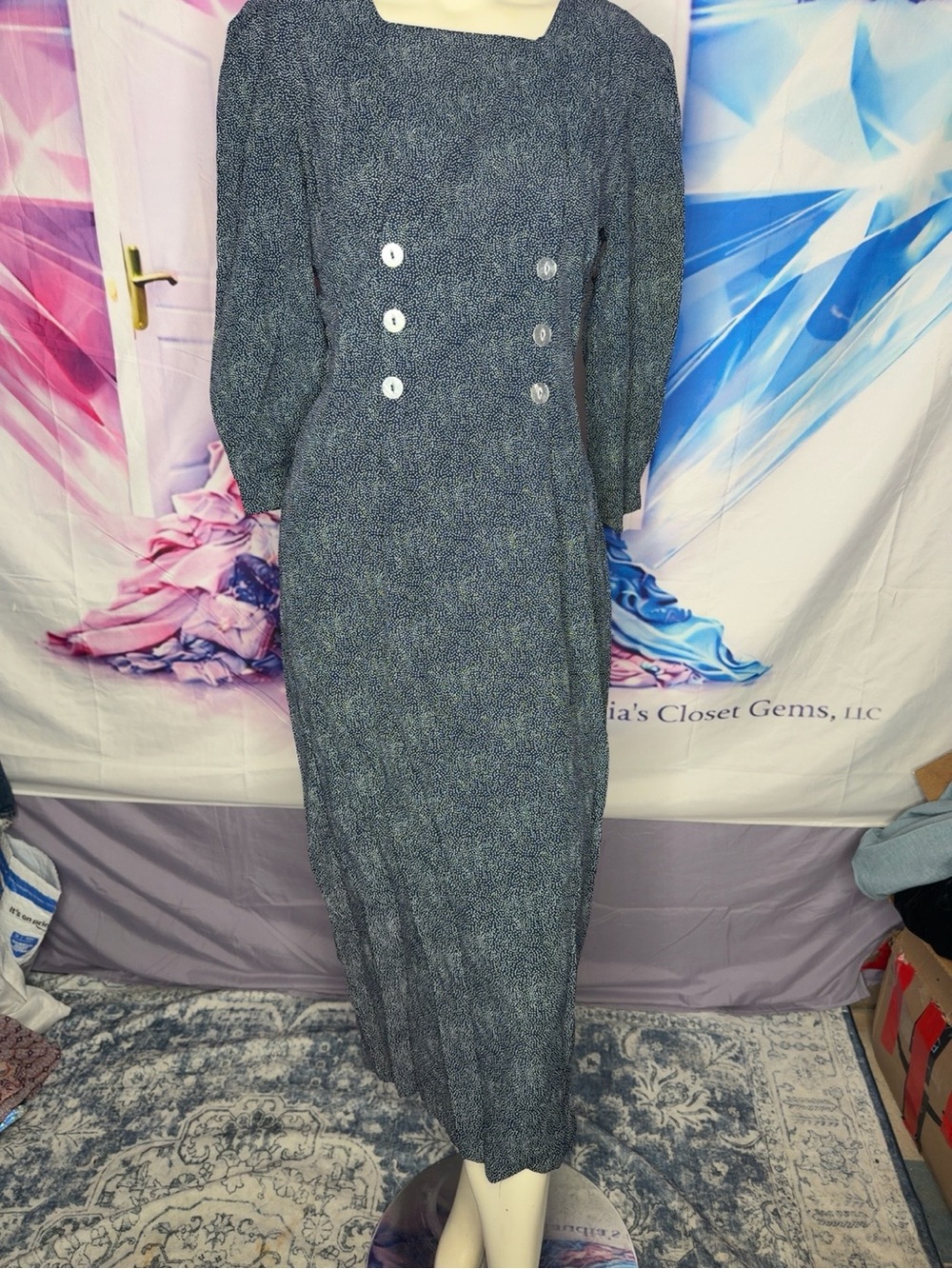 Vintage Classic Long Sleeve navy polka dot Dress with Button Detail